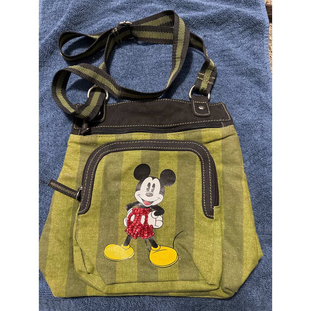 Disney Mickey Mouse Canvas Stripe Olive Green Shoulder Bag Purse Red Sequins